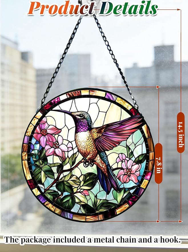 Hummingbird Stained Glass Suncatcher Window Hanging Flowers Gifts for Mom | 7.8in Garden Sun Catcher, Bird Pink Flowers Ornament for Door Home, Gift for Bird Lovers Grandma & Mother's Day Christmas