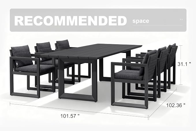 PURPLE LEAF 7-piece Outdoor Dining Set Aluminum Luxury Patio Furniture Table and Chairs Set with Removable Thick Cushion Rectangular Patio Dining Sets for Small Backyard Garden Porch Deck, Grey