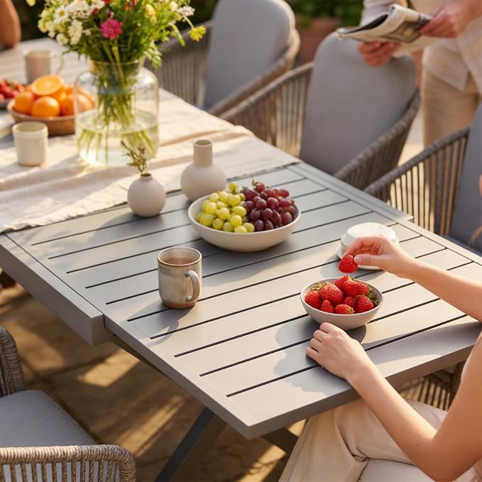 SUNSITT 7 Piece Outdoor Patio Dining Set, 65" - 107" Metal Expandable Outdoor Dining Table with X-Shape Legs, 6 Woven Wicker Outdoor Patio Chairs w/Curved Armrest for Garden, Dark Grey