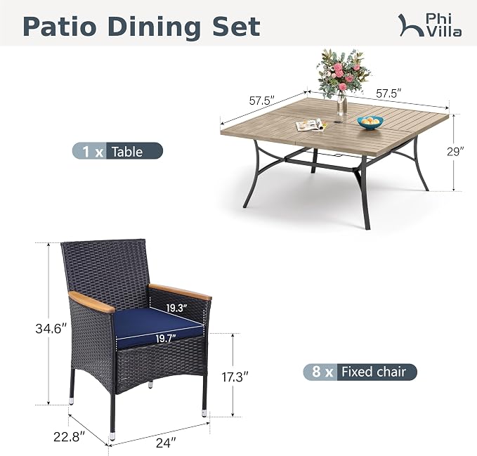 PHI VILLA 9 Pieces Patio Square Dining Set for 8, 57” Wood-Like Large Metal Steel Dining Table & Rattan Wicker Chairs with Cushions, Outdoor Dining Furniture for Deck, Yard, Porch