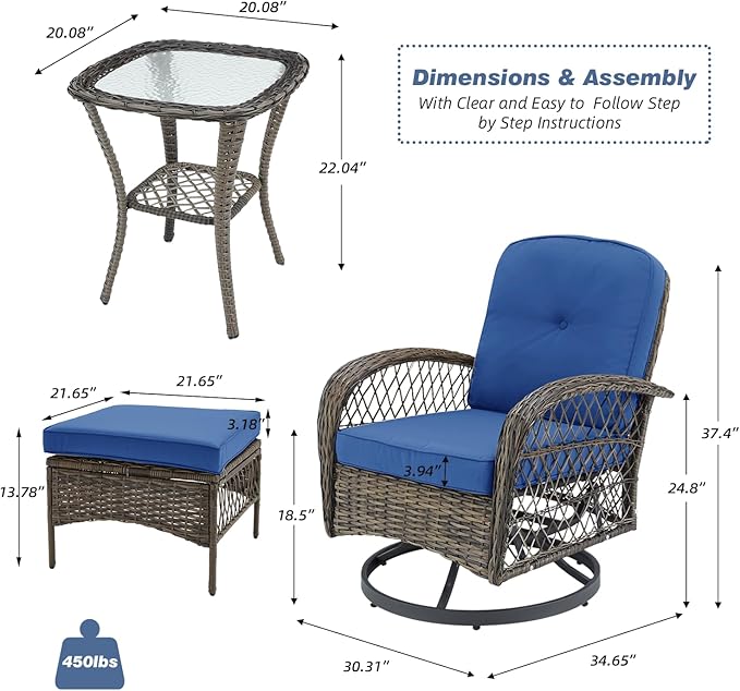 EROMMY 5 Pieces Outdoor Swivel Rocker Patio Chairs, 360 Degree Rocking Patio Conversation Set with Thickened Cushions, Glass Coffee Table and Ottomans for Backyard, Navy Blue
