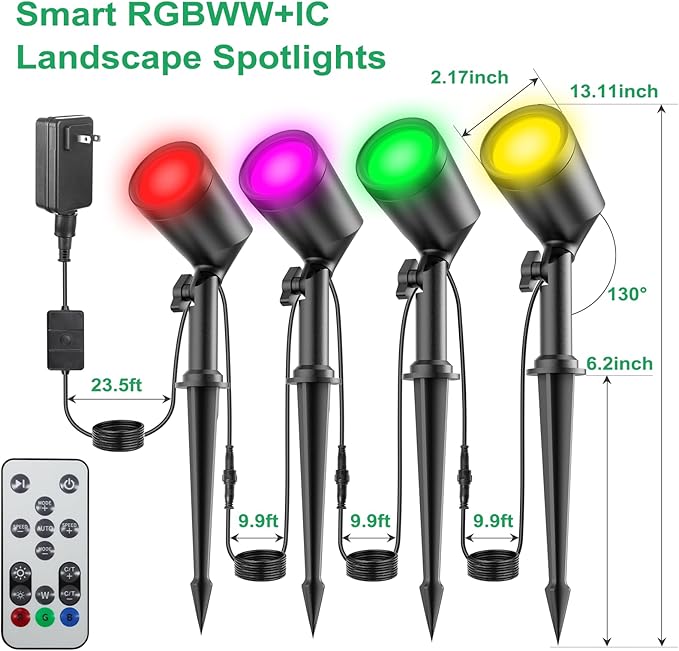 deerdance LED Outdoor Landscape Lighting Low Voltage Landscape Pathway Lights Aluminum Wired Waterproof Outdoor Spotlights Uplight Transformer for Yard House Garden 24W 2400lm (RGB, 4)