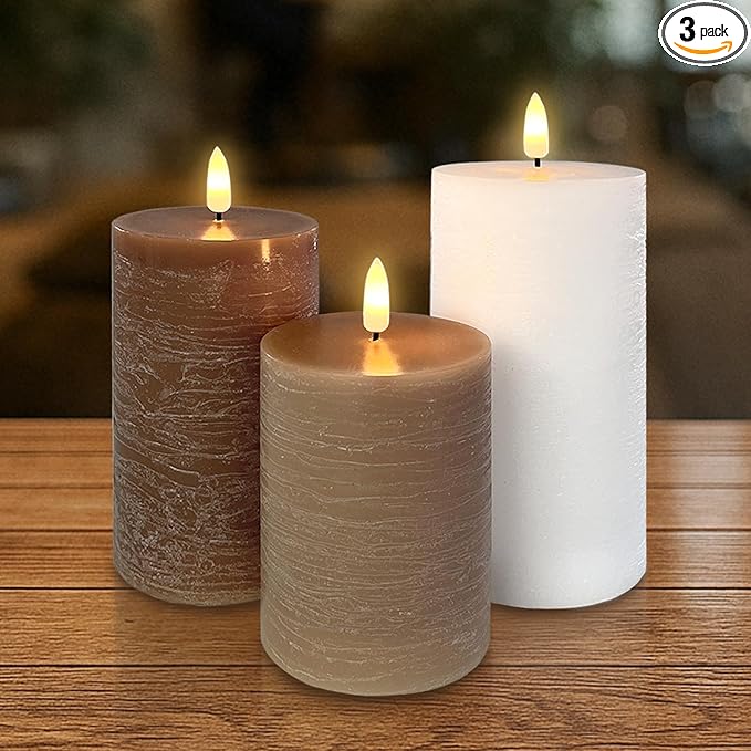 Rechargeable Flameless LED Pillar Candles–Luminous Real Wax Indoor Home Decor–Set of 3, Realistic Flickering LED Flame,Remote & Timer, Type-C Rechargeable(Linen Beige)