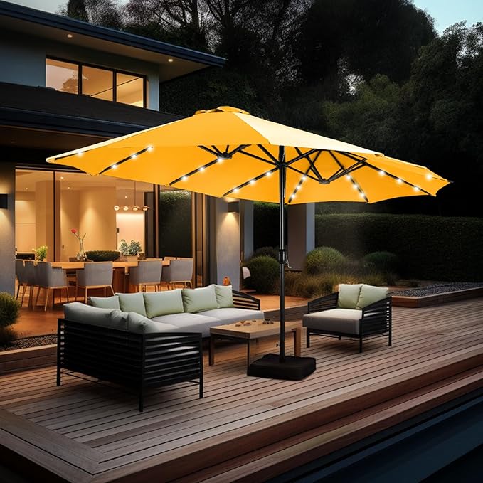 GREEN PARTY 15 ft Large Outdoor Patio Umbrella with Solar Led Lights & Base Included, Double-Sided Rectangular Table Umbrella with Stand, Market Umbrellas for Deck Poolside Garden Backyard, Gold Yellow