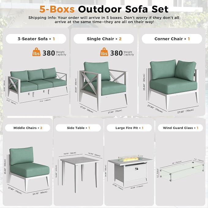 Aluminum Outdoor Patio Furniture Set with 43" Fire Pit Table, 10-Piece Outdoor Sectional with 5.2" Thick Cushions, Patio Conversation Sets for Backyard,(White,8 Seats)