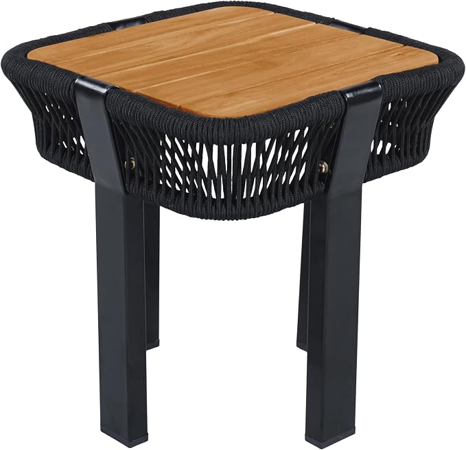 Acacia Wood Side Table, Square Outdoor End Table with Rope & Metal Frame, Small Outdoor Table for Patio, Garden, Poolside, Deck w/UV-Resistant Frame,120 lbs Capacity, Black+Teak