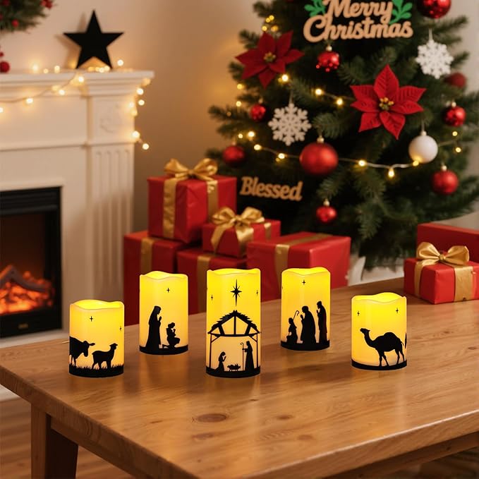 Religious Christian Gifts for Women Faith, Bible Gifts, Catholic Gifts - Nativity Set, Nativity Scene Flameless Candles, God Jesus Birth, Church Home Table Decorations Centerpieces