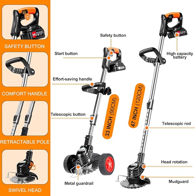 Electric Weed Wacker Eater Battery Powered 3 in 1 Cordless Weed Trimmer 2 21V Battery Operated with 4 Types Blades & Wheels, No-String Grass Trimmer/Lawn Edger/Brush Cutter for Garden Yard