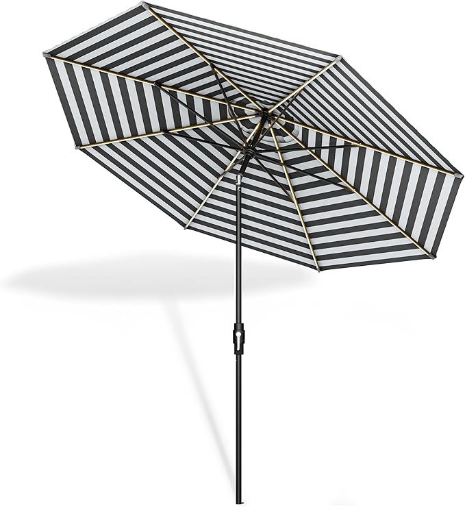 Midtown Umbrellas The LED Swilt 10 Feet Patio Umbrella With Terylast Zebra (Black/White) Polyester Fabric - Auto-Tilt Aluminum Frame With LED Lights For Backyard, Deck, Garden, Pool - Black Pole