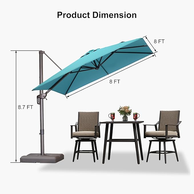 PURPLE LEAF 8' X 8' Cantilever Patio Umbrella with Base Included Antique Bronze Square Umbrella with 360° Rotation and Aluminum Offset Hanging Outdoor Umbrella for Pool Garden Backyard Deck, Turquoise
