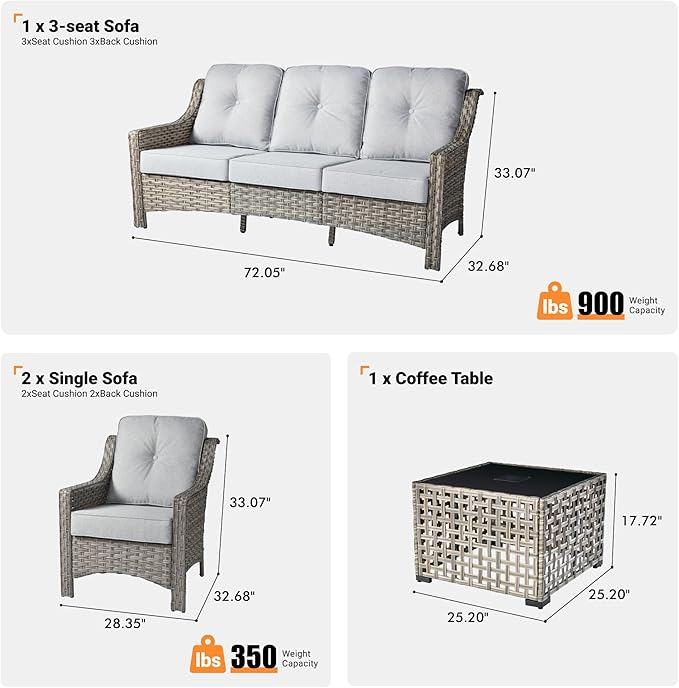 ovios 4 Piece Outdoor Patio Furniture with 3 Seat Sofa,Rattan Wicker Coversation Set with High Back,Sectional Single Sofa with Ottoman for Outside Porch Balcony Backyard Pool, Light Grey