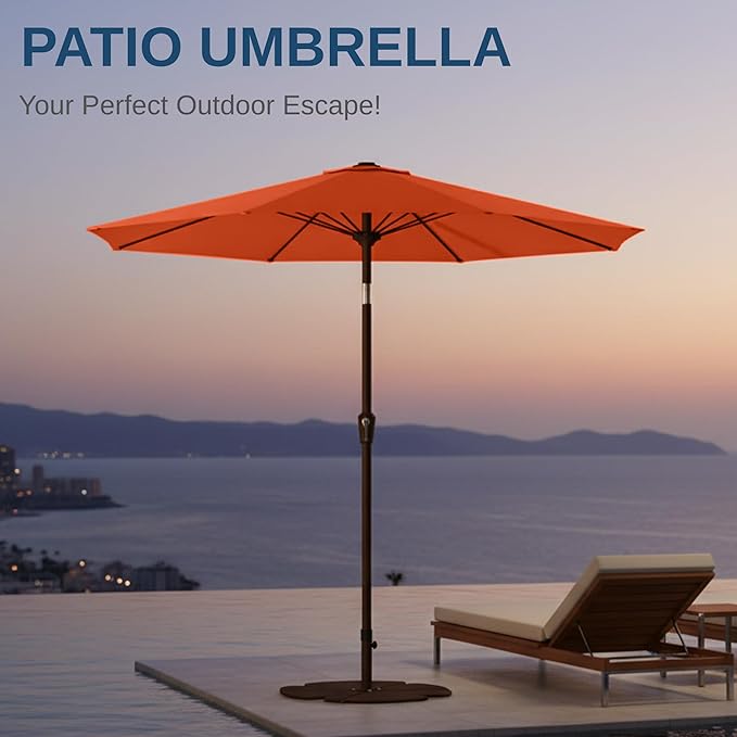 9ft Patio Umbrella with Push Button Tilt and Crank,Outdoor Market Table Umbrella UV Protection 8 Sturdy Ribs for Backyard,Garden,Pool,Deck(Orange)