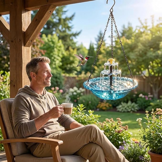 UZTK-2026 Solar Cascade Hanging Bird Bath Fountain, Solar Powered Outdoor Water Fountain for Hummingbirds, Decorative Bird Bath Shower Bowl Kit for Garden Yard Patio Backyard (Gray Double Layer)