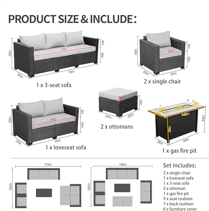 7 PCS Outdoor Furniture Sets 60000BTU 45-Inch Outdoor Propane Fire Pit Table Patio Furniture Set No-Slip Cushions and Waterproof Covers, Light Grey