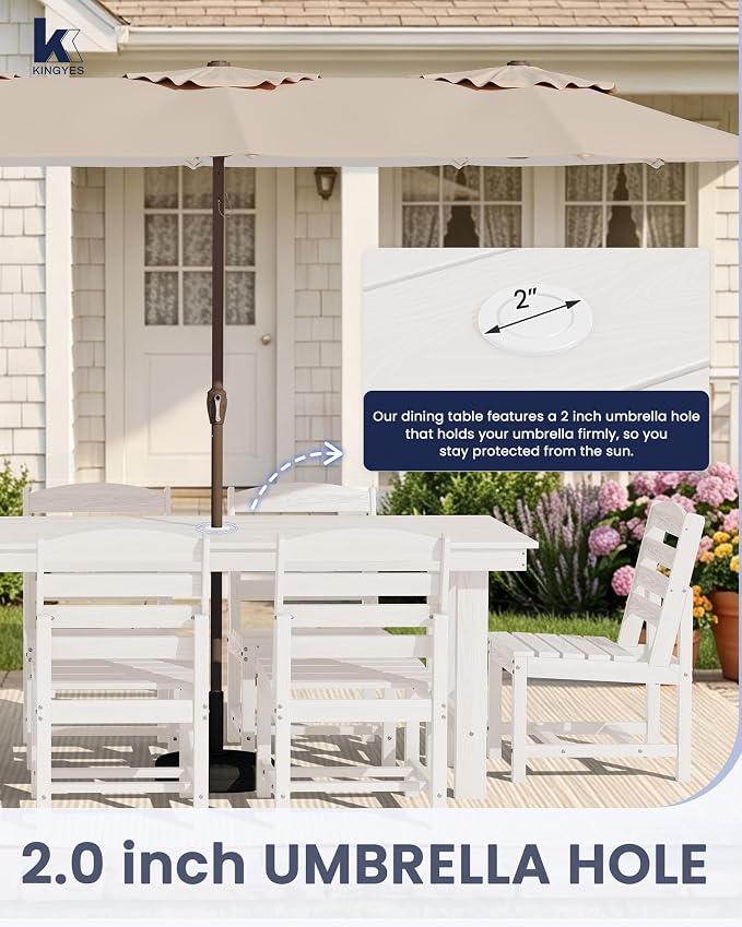 KINGYES 6-Piece Patio Dining Set, HDPE Table, Bench and Armless Chairs Outdoor Furniture Set with Umbrella Hole, White