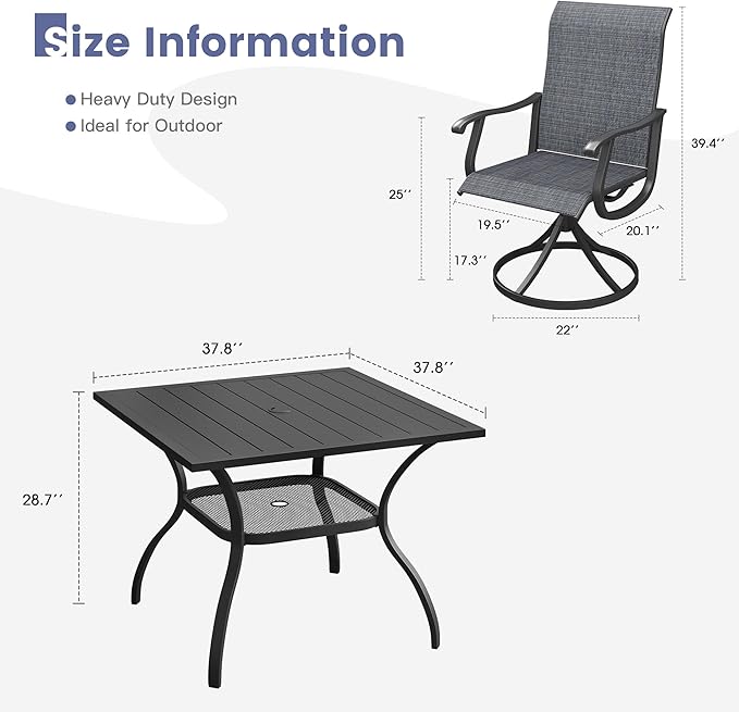 VICLLAX 5 Pieces Patio Dining Set, Outdoor Furniture Set of 4 Patio Swivel Dining Chairs and Square Patio Table with Umbrella Hole, Dark Charcoal Chairs & Black Tabletop
