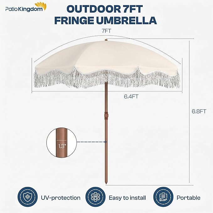 7ft Patio Umbrella with Fringe, Boho Beach Umbrellas, Outdoor Tassels Umbrellas with Push Button Tilt & Carrying Bag, 8 Windproof Fiberglass Ribs, UPF50+