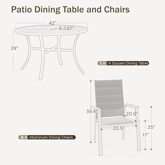 PHI VILLA Round Outdoor Dining Set for 4 with Aluminum Chairs, Beige | Stackbale chairs, Breathable & quick-drying sling, Light-weight & space-saving, Metal Table, Umbrella Hole, Patio deck
