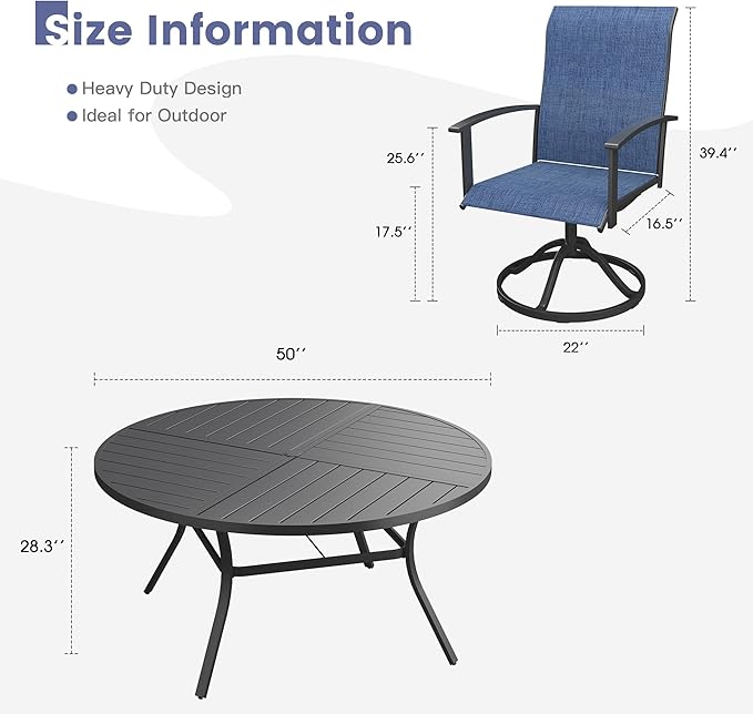 VICLLAX Outdoor Table and Chairs Set for 6, Patio Dining Set of 50" Metal Round Patio Table with Umbrella Hole & 6 Swivel Outdoor Dining Chairs for Backyard Lawn, Dark Blue & Black