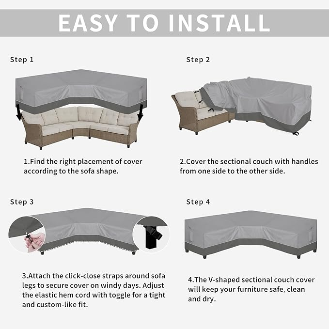 Easy-Going Outdoor V-Shaped Sectional Sofa Cover 118"X118" UV Resistant Patio Sectional Couch Cover Waterproof Lawn Patio Furniture Cover, Gray/Dark Gray
