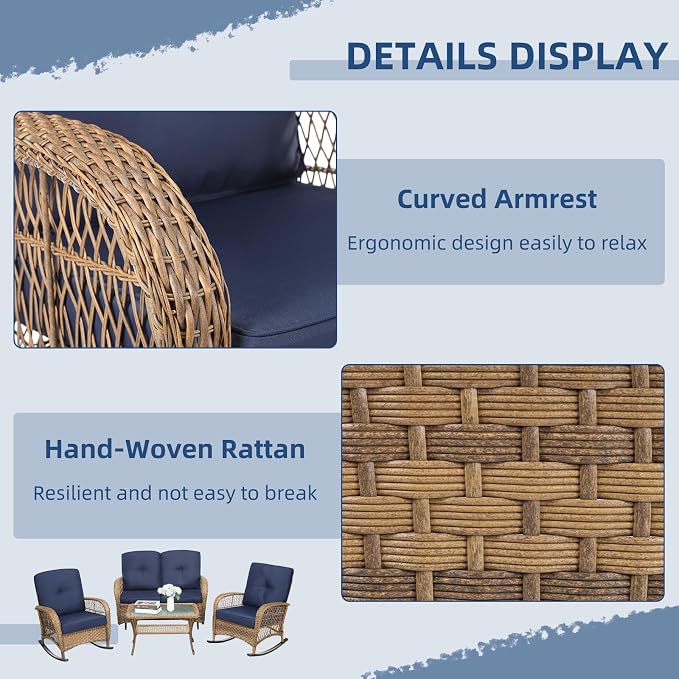 4-Piece Wicker Patio Furniture Sets Outdoor All-Weather Rattan Conversation Set Includes Glider Loveseat, Glass-Top Coffee Table, 2 Rocking Chairs with Thickened Cushions, Navy Blue