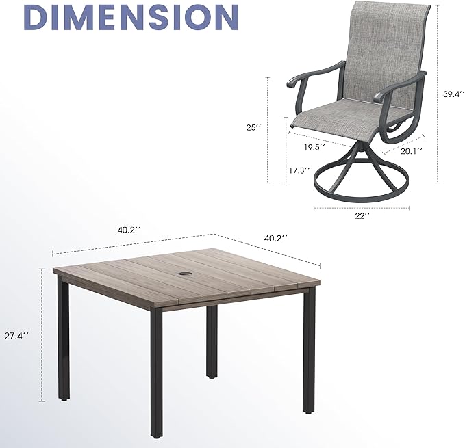 VICLLAX 5 Pieces Patio Dining Set, Patio Furniture Set of 4 Patio Swivel Dining Chairs and Square Patio Table, Grey Chairs & Antique Grey Tabletop