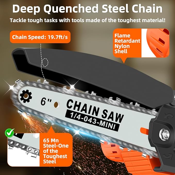 6-Inch Mini Cordless Chainsaw, Battery Powered Hand Held Electric Saw, High Speed Portable Saw for Tree Trimming, Branch Pruning, Wood & Soft Metal Cutting, Automatic Lubrication and Safety Protection