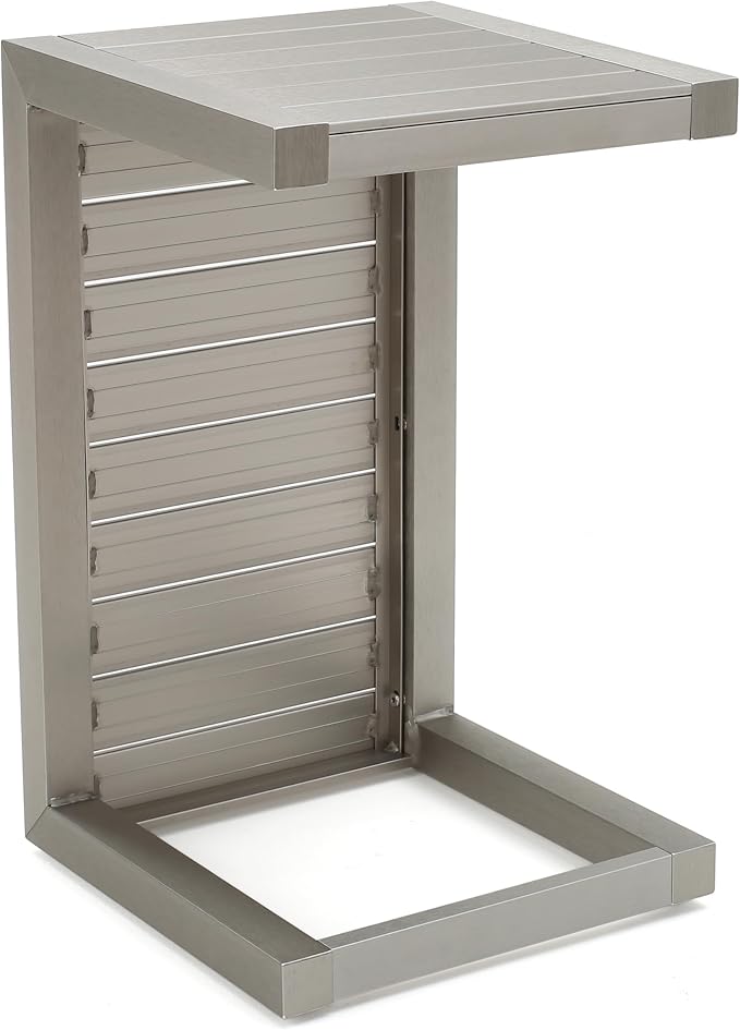 24" H Aluminium Silver Patio Side Table, Small C-Shaped Outdoor Patio Table Coffee Table for Patio, Garden or Balcony