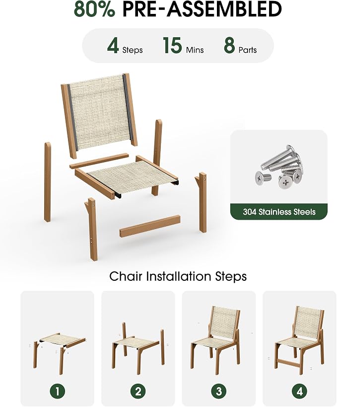 Patio Stackable Chair, HDPE Armless Outdoor Dining Chairs with Wide Seat, All-Weather Textilene Oversized Porch Chair for Garden, Poolside, Backyard, Deck | Teak