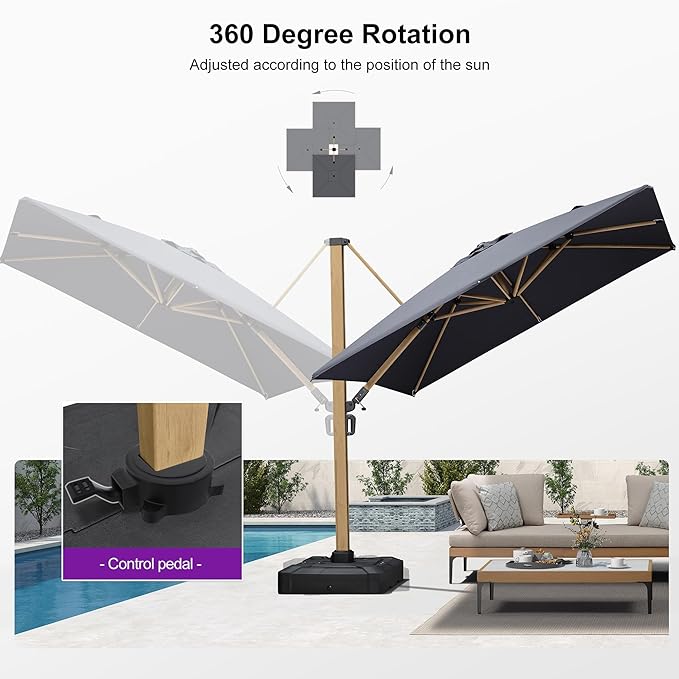 PURPLE LEAF 9FT Patio Umbrella With Base Square Cantilever Umbrella Teak Finished Aluminum Frame Large Windproof Offset Outdoor Sun Umbrellas for Beach Pool Deck, Grey