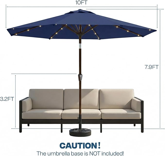 10FT Solar Patio Umbrella with Lights, Outdoor Table Market Umbrella with 32 LED Lights, 8 Sturdy Ribs, Push Button Tilt and Crank for Pool, Deck and Garden, UV-Resistant