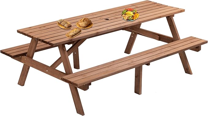 Picnic table75 Inch Picnic Table, 8 Person Brown Wooden Picnic Table, Outdoor Camping Dining Table with 2 Seats, Garden, DIY with 2 Built-in Benches, 2220lb Capacity,Brown