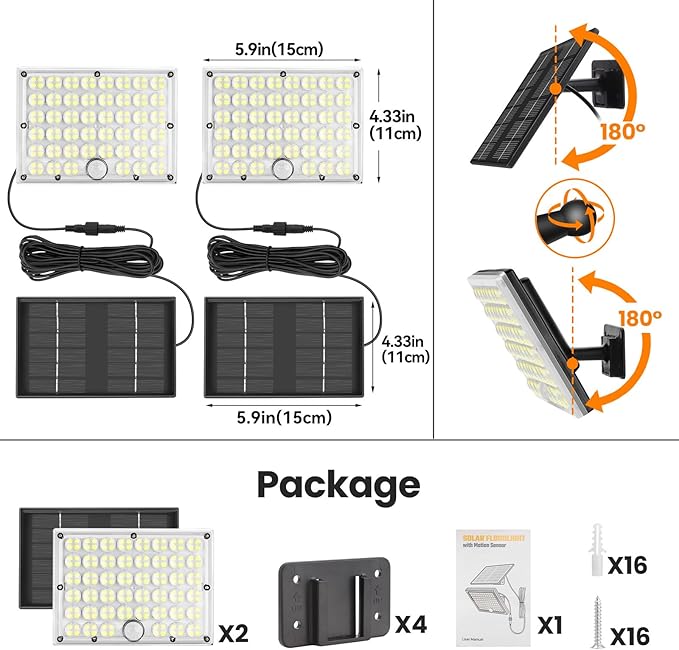 Solar Lights Outdoor Waterproof Motion Sensor Security Lights, Upgraded Convex Lens 150% Bright, 184 LED, 3 Modes, 16.4 ft Cord, Outdoor Light for Patio, Porch, Backyard, Garage