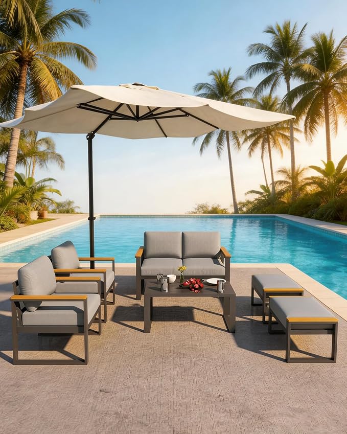 IDEALHOUSE Outdoor 2 Pieces Aluminum Patio Ottoman, Outdoor Footstool with Seat Cushions, Small Metal Outdoor Chairs for Balcony, Garden, Deck, Backyard,Gray