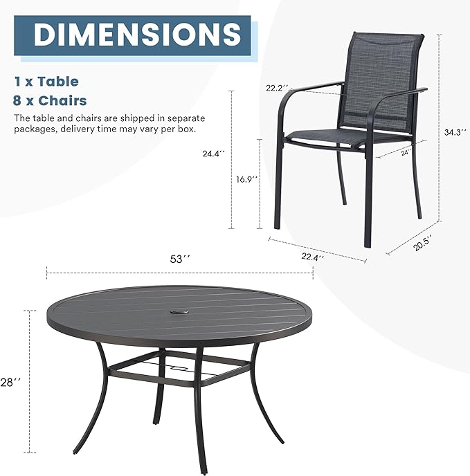 DIFY Outdoor Dining Set for 8, Patio Dining Furniture Set Includes 53" Black Round Table with Adjustable Umbrella Hole and 8 Grey Stackable Metal Chairs for Poolside, Garden, Backyard