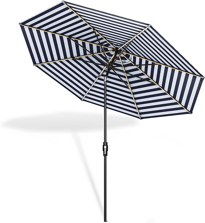 Midtown Umbrellas The LED Swilt 8 Feet Patio Umbrella With Terylast Navy Stripes (Navy/White) Polyester Fabric - Auto-Tilt Aluminum Frame With LED Lights For Backyard, Deck, Garden, Pool - Black Pole