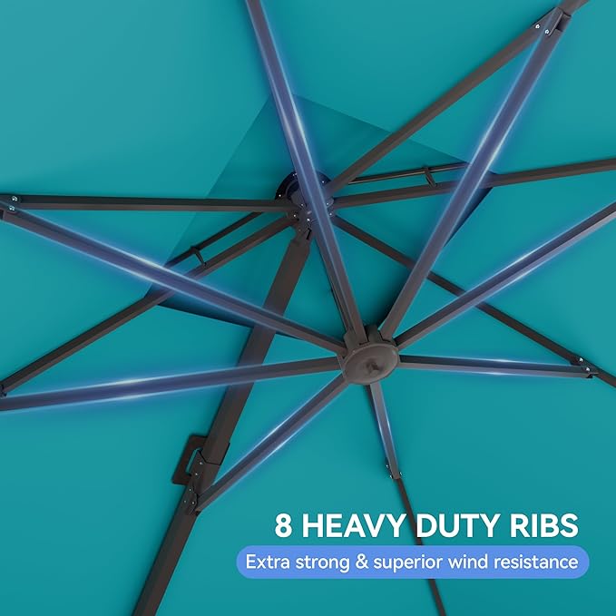 10x10FT Turquoise Cantilever Outdoor Patio Umbrella with Base, Large Square Offset Design, Double Top Heavy Duty Aluminum Frame & 360° Rotation for Pool Garden Deck Backyard