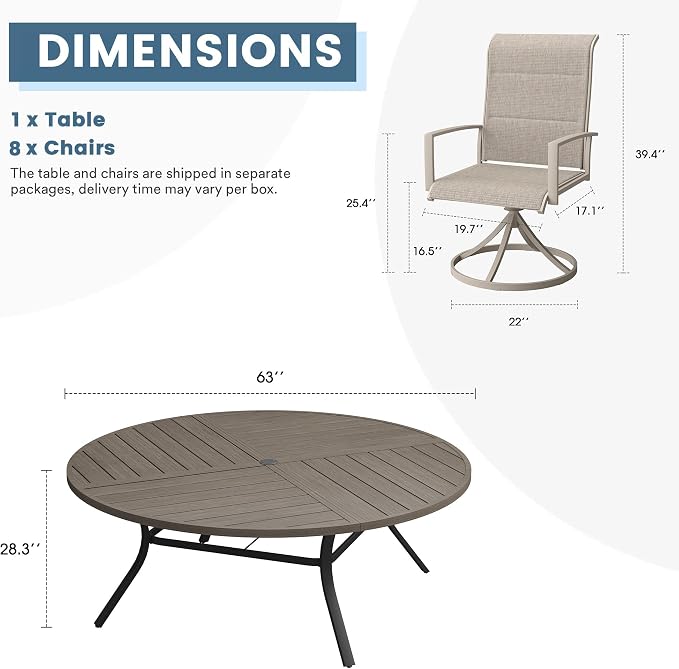 DIFY 9 Piece Outdoor Dining Set, Metal Patio Table and Chairs Set, 63" Grey Wood-Like Round Dining Table & 8 Sandshell Padded Textilene Swivel Patio Chairs, Outdoor Furniture Set for Garden Backyard
