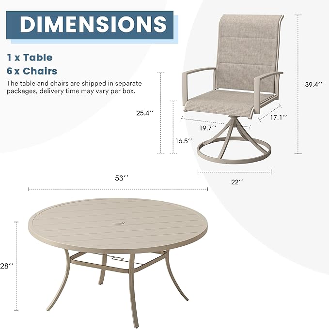 DIFY 7 Pieces Outdoor Patio Dining Set, 6 Sandshell Padded Textilene Swivel Dining Chairs and 53" Sandshell Round Metal Dining Table, Outdoor Table and Chairs for Poolside Backyard Deck