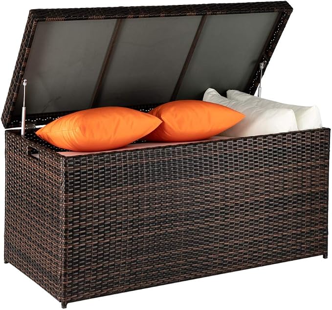 132Gallon Deck Storage Box, Deck Box Outdoor Storage Box Indoor Wicker Storage Bin Patio Storage Box for Patio Furniture Cushions Toys Garden Tools Pool Accessories (Brown)