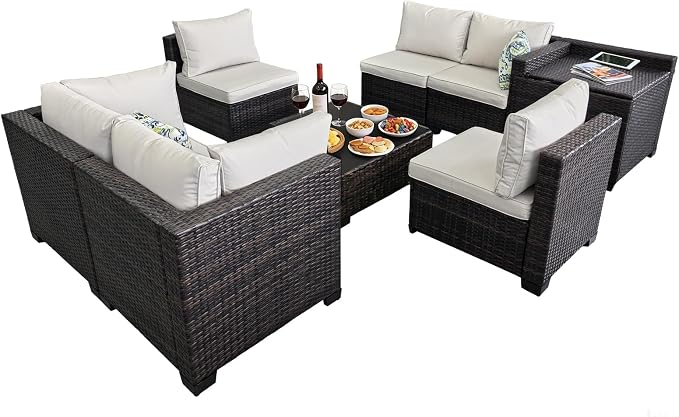 8 Pieces Patio Furniture Set with Storage, Outdoor Sectional Sofas | Storage Box with a Waterproof Bag, Wicker Modular Outdoor Sectional Furniture with Thick Cushions for Deck, Porch, Beige