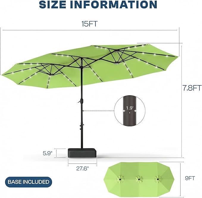 15FT Large Outdoor Patio Umbrella with Solar Lights and Base, Double-Sided Table Umbrellas with 48 LED Lights, Rectangle Market Umbrella for Pool, Deck, Backyard
