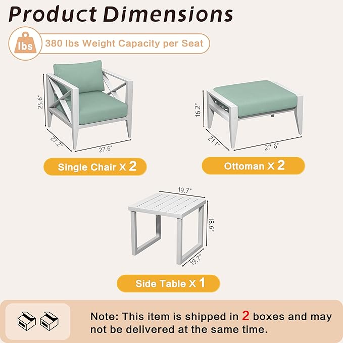 MBY 2-Seat Aluminum Patio Furniture Set with Ottomans & Coffee Table, Oversized Outdoor Conversation Set, Weather-Resistant for Backyard, Deck, Balcony – White