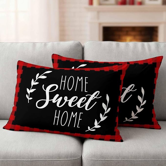 Home Sweet Home Waterproof Outdoor Pillow Covers Set of 2 Home Decor, Leaves Red Buffalo Plaid Lumbar Pillowcase Patio Pillow Covers for Couch Bench Patio Furniture Garden 20x12in