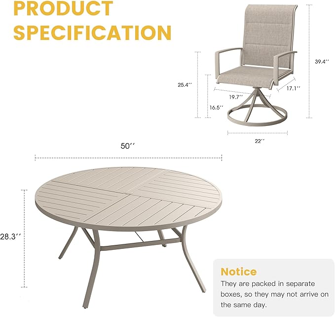 VICLLAX Patio Dining Set for 6, 6 Seats Outdoor Furniture Includes 50.1" Round Patio Table and Swivel Padded Chairs, Sandshell Color Tabletop and Fabric