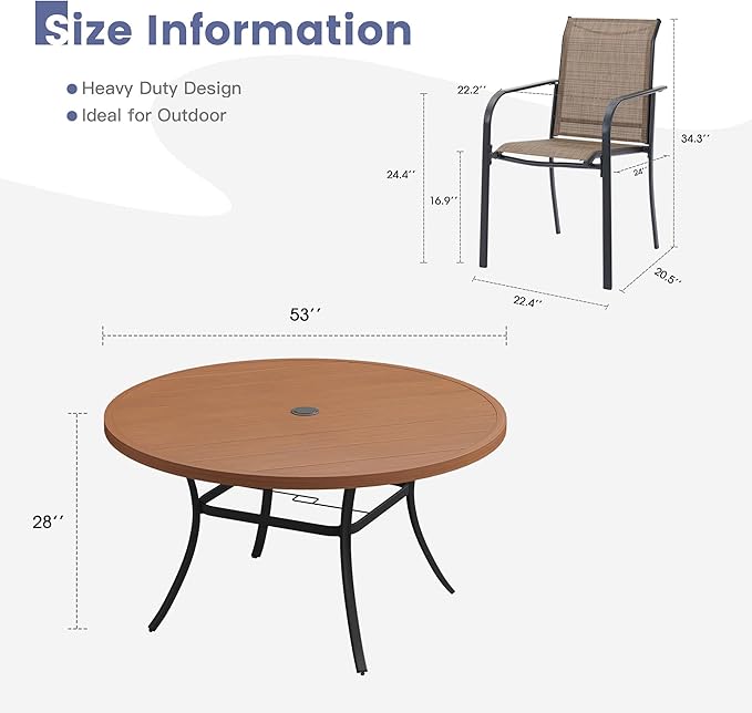 VICLLAX Round Outdoor Dining Set, Patio Table and Chairs Set Set of 8 Patio Stackable Chairs and 53" Outdoor Round Table with Umbrella Hole for Backyard Lawn Garden, Brown Chairs and Walnut Table