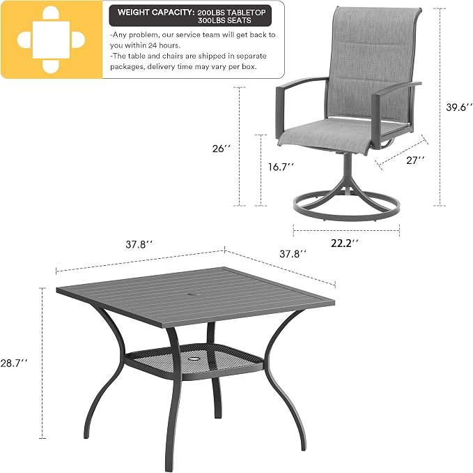 VICLLAX 5 Pieces Patio Dining Set, 4 Seats Outdoor Furniture Includes 37.8" Square Outdoor Table and 4 Swivel Patio Chairs, Grey Tabletop and Fabric