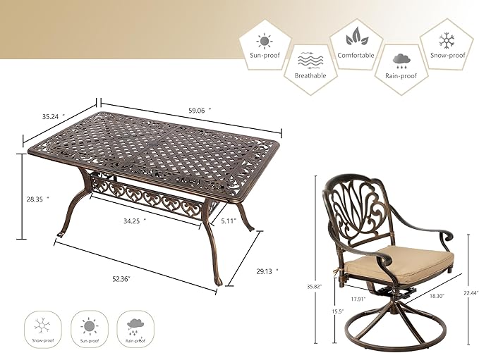 Grepatio 7 Piece Patio Dining Set Outdoor Cast Aluminum Furniture Set with 4 Chairs 2 Swivel Chairs and Umbrella Hole Table for Backyard Garden Poolside with 6 Cushion (Khaki)