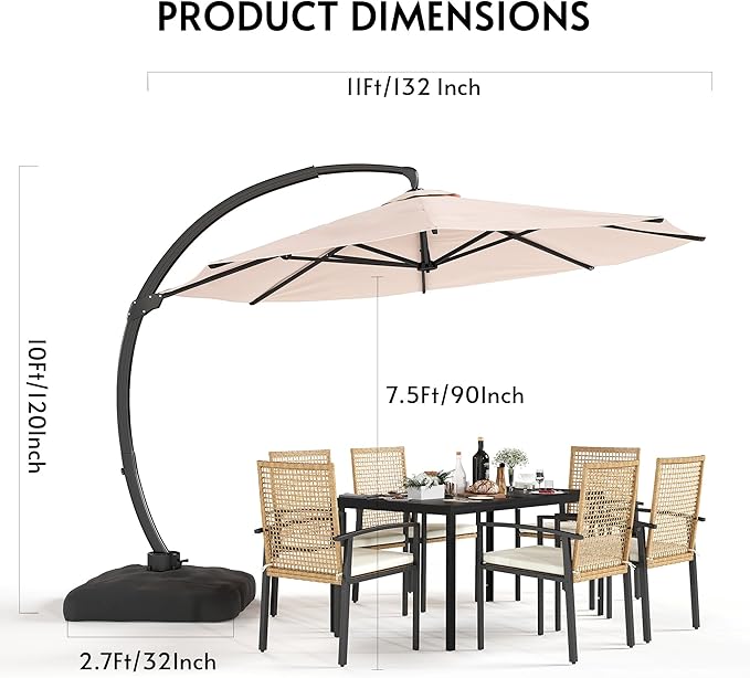 11FT Cantilever Patio Umbrella with Base Included, Large Cantilever umbrella with 360°Rotation, Heavy-Duty Offset Outdoor Umbrella for Patio,Pool,Garden and Backyard (Champagne)