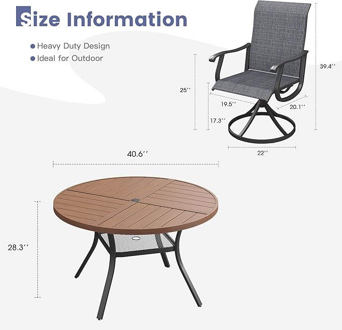 VICLLAX 5 Pieces Patio Dining Set, Patio Furniture Set of 4 Patio Swivel Dining Chairs and 40.6" Patio Spliced Round Tabletop with Storage Shelf, Dark Charcoal Chairs & Walnut Tabletop